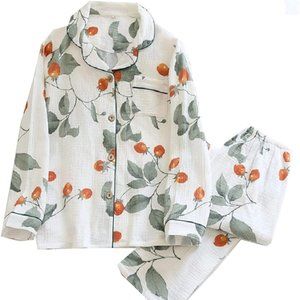 NWT Strawberry Print Crepe 100% Cotton Double-Layer Gauze Pajamas